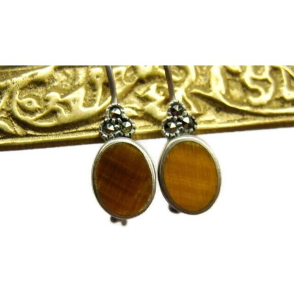 925 Tiger Eye Earrings Hook Drop Dangle Sterling Silver Vintage Patina - Picture 8 of 8